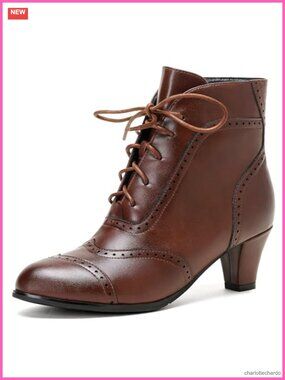 Women's Victorian Ankle Boots Faux Leather Lace Up Block Heel Side Zip Vintage